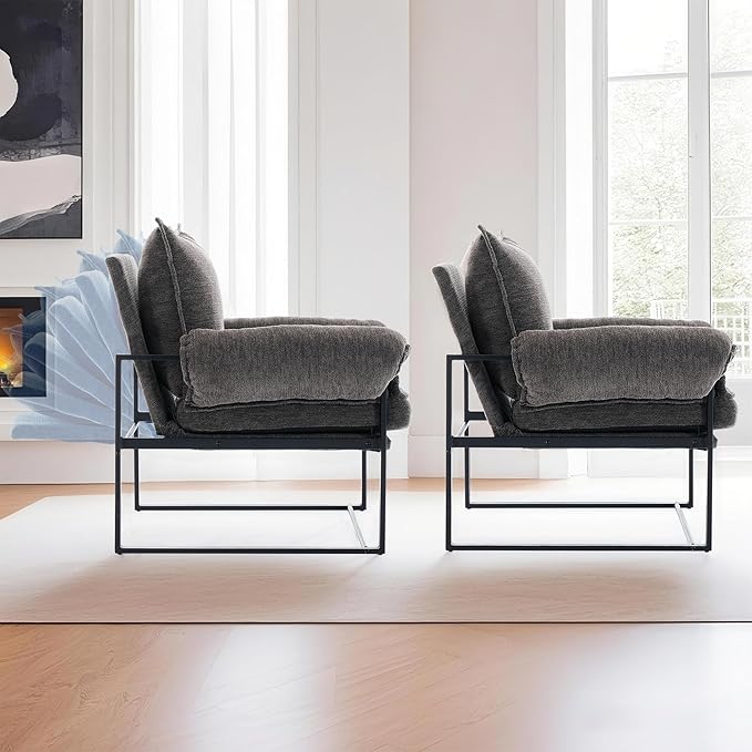 YISHENG Accent Chair with 6-Angle Adjustable Backrest(90°–180°) Chenille Fabric Living Room Chair Upholstered Lounge Chair Modern Cozy Reclining Chair for Reading Reception RoomBalcony 2PC Gray