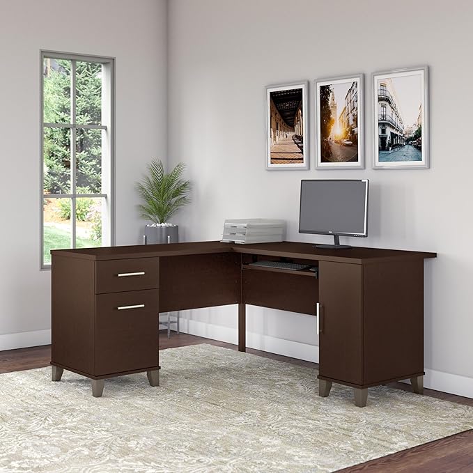 Bush Furniture 60-inch L Shaped Desk with Storage Spacious Corner Computer Table for Home Office Somerset Collection Mocha Cherry