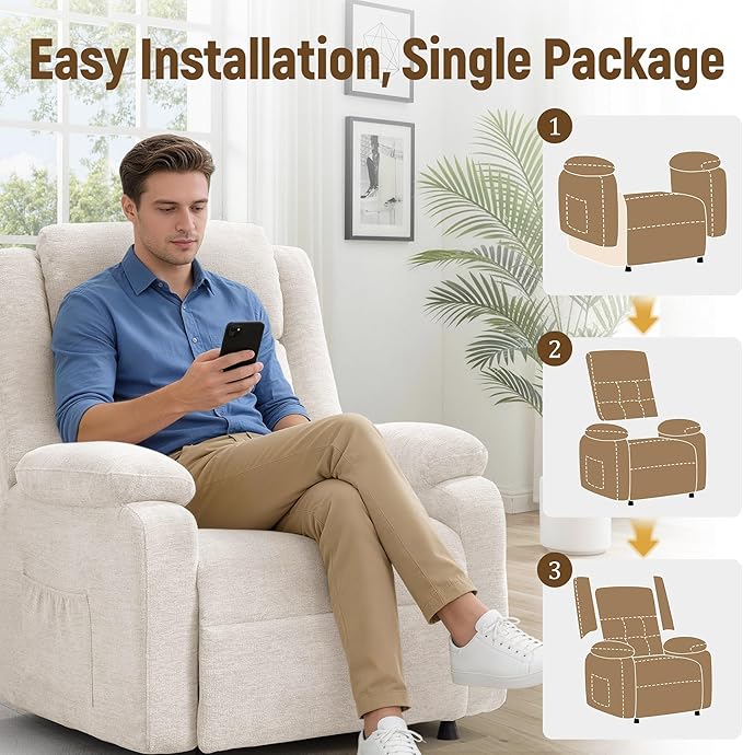 Power Recliner Chair Living Room Chairs for Adults Oversized Electric Recliner with Side Pockets Chenille Fabric Reclining Chair for Living Room Bedroom