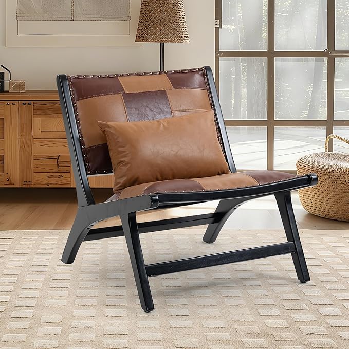 Modern Comfortable PU Leather Armless Mid-Century Style Lounge Armchair Brown Solid Wood Chair Floral Pattern Sofa Chair for Living Room/Office/Balcony/Bedroom (Brown Set of 1)