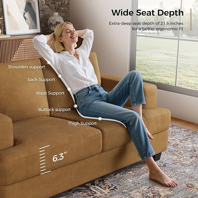 63 Inch Sofa with Extra Deep Seats Oversize Corduroy Fabric 2 Seater Sofa for Living RoomModern Couch and Loveseat Comfy Armrests and Seats and Backrests Easy Installation Ginger Yellow