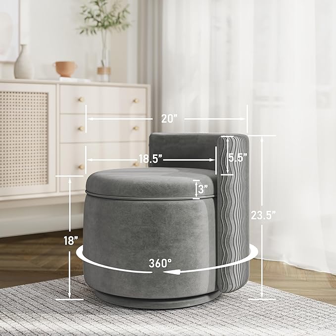 360° Swivel Accent Chair with Storage Vanity Stool with Back Velvet Storage Ottoman Upholstered Round Barrel Vanity Chair for Living Room Makeup Room Bedroom (Gray)