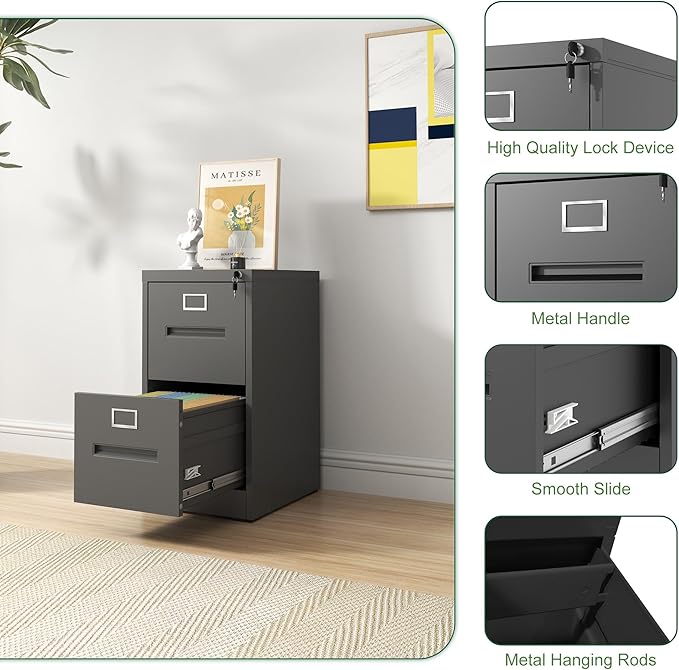 2 Drawer File Cabinet with Lock Metal Vertical Filing Cabinets Office Home A4 Legal/Letter Size Narrow File Cabinets LockedAssembly RequiredBlack
