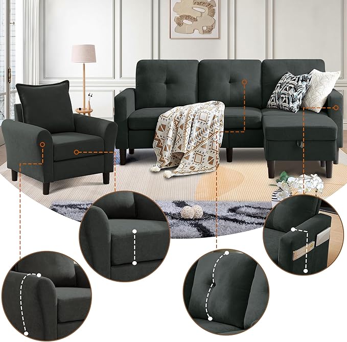 2PCS Sectional Couch Set 3 Seat Sofa and Chair Set with Side Pockets &amp Movable Storage Ottoman Modern Convertible Fabric Corner Lliving Room/Office Sofa Set (3+1Seat/ Black)