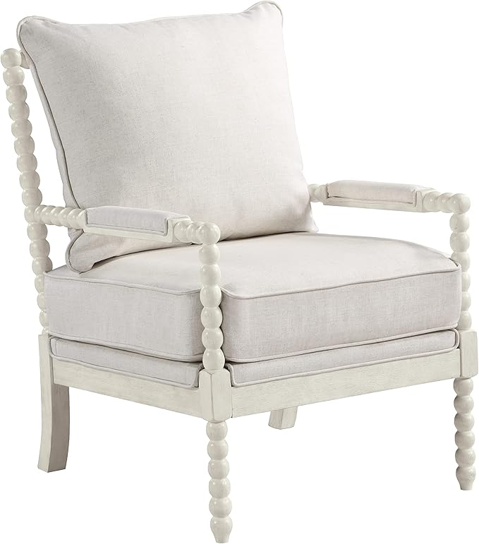 OSP Home Furnishings Kaylee Spindle Accent Chair with Antique White Wood Frame White Linen Fabric