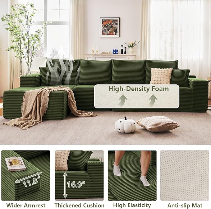 135 Cloud Sectional Couch with L-Shape Chaise Modern Modular Comfy Sofa with Deep Seat Upholstered Corduroy Couches Sleeper Chaise Longue for Living Room Bedroom No Assembly Required Green
