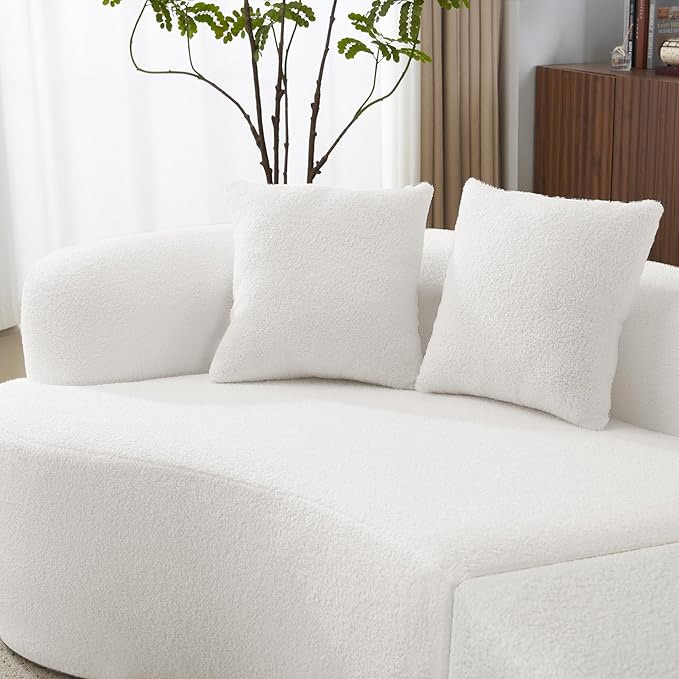 106.7 Curved Loveseat Sofa for Small Spaces - Plush Teddy Fleece Fabric Modern Love Seat with Pocket Springs &amp Memory Foam Boneless Floor Couch Set Living Room Studio 38.6 Extra Deep Seat (Whi