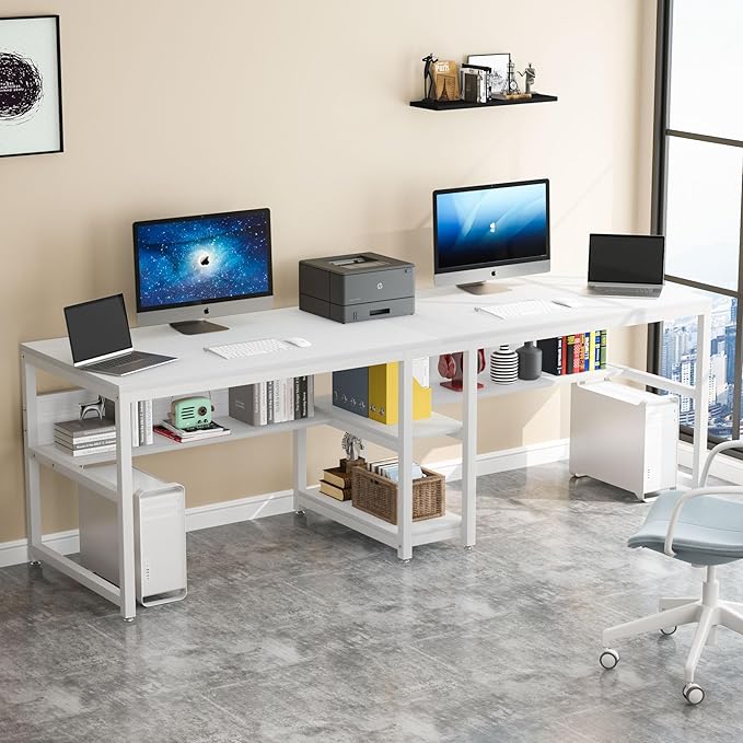LITTLE TREE Industrial 78.7 Desk with Shelves Double Workstation for Two People Computer Office Desk Writing Table with 3 Drawers Large Metal Tabletop White