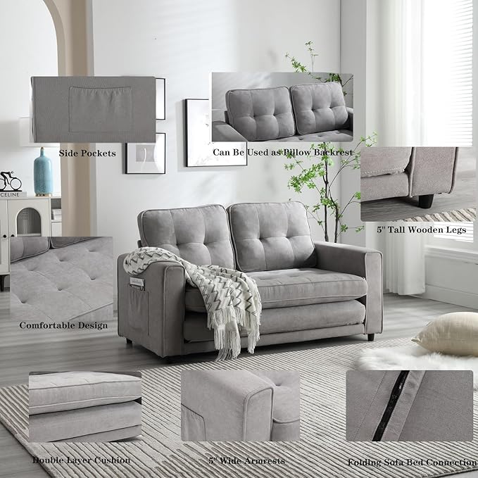 Futon Sofa Bed Convertible Folding Futon Couch Breathable Small CouchAdjustable Pull Out Chaise Lounge Couch for Compact Living Studio in Living Room and Bedroom Offices Loveseat (Light Gray)