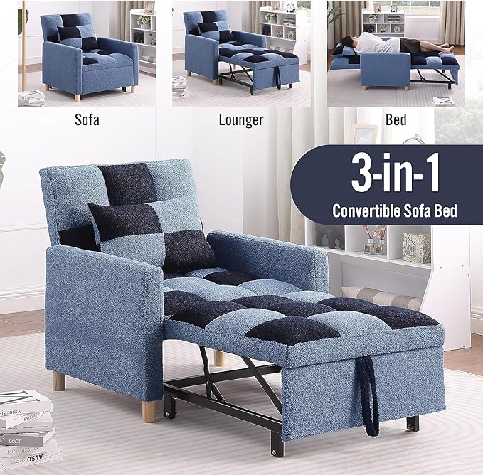 Convertible Sleeper Sofa Chair Bed3-in-1 Sleeper Chair Bed with PillowPull Out Single Armchair Sofa Bed with Adjustable Backrest Multi-Functiona Lounge Chair for Living Room (Blue)