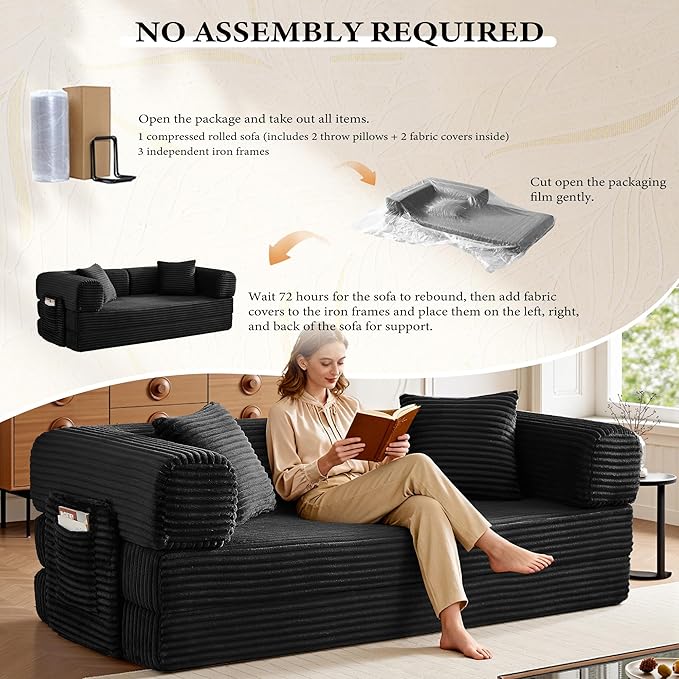 Boneless Couch Futon Sofa Bed Sectional Couches for Living RoomCloud Couch with Sleeper SofaSofas for Living Room Oversized Corduroy Upholstered (Black 81 Inches (with Iron Frame))