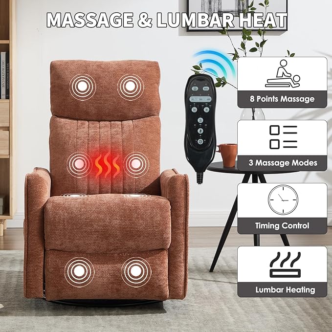 Swivel Rocker Recliner Chair 360° Swivel Recliner with Heat and Massage Rocker Recliner Nursery Glider Chair with Side Pockets for Living Room (Orange Fabric)