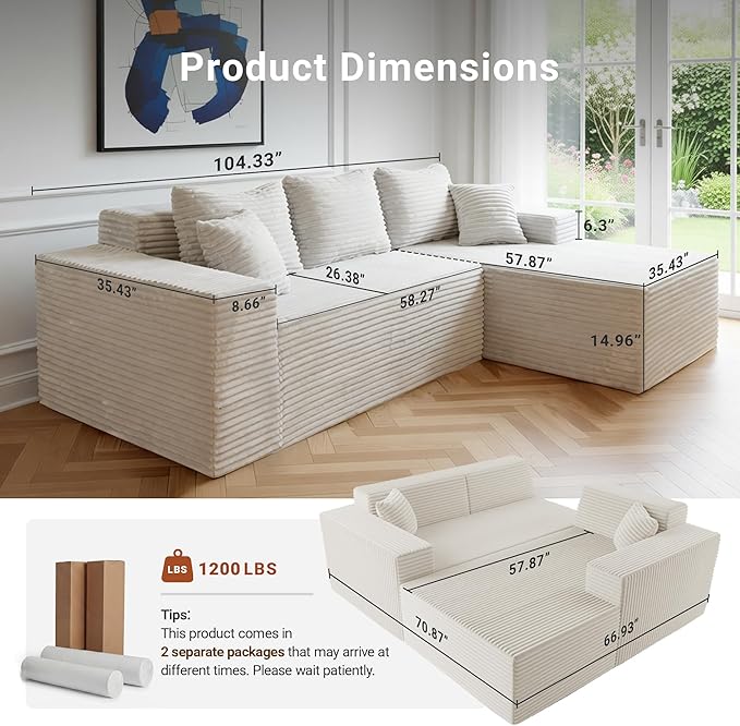 Claiks 104 Boneless Couch Cloud Couch Sectional L-Shape Corduroy Modular Sectional Sofa Deep Seat Upholstered Couches for Living Room No Assembly Required Beige Right Facing Chaise