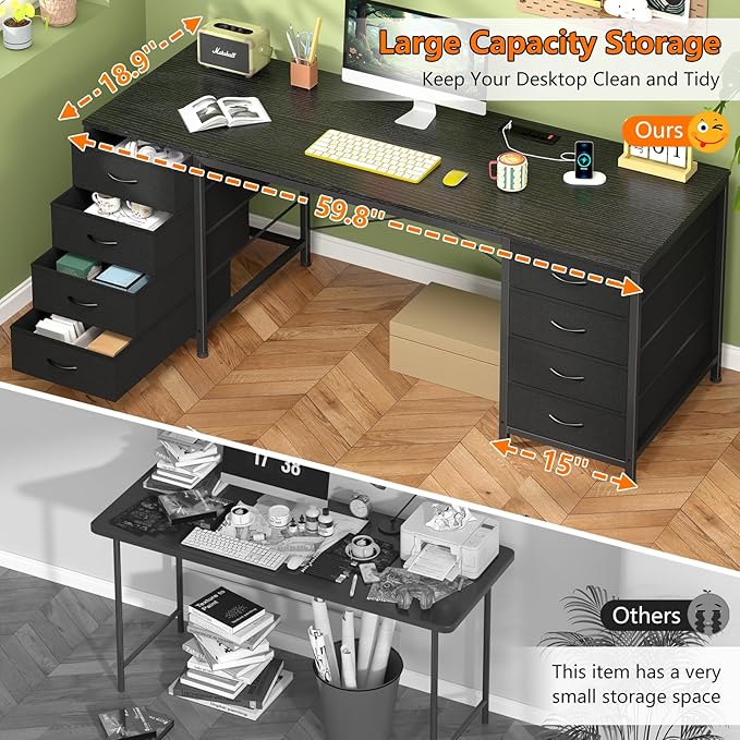 60 Inch Computer Desk with 8 Drawers Home Office Desk with Power Outlets Work Study Gaming Desk with 8 Fabric Drawers Black