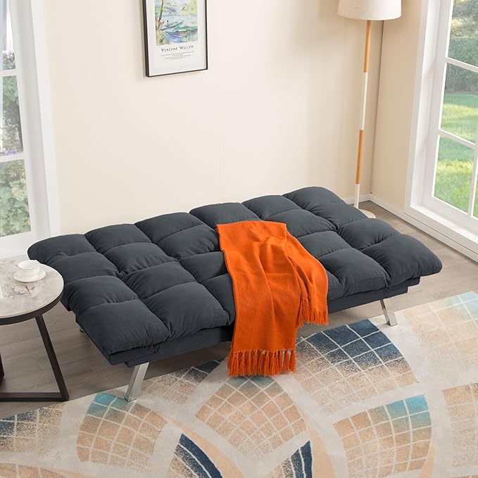 67” Convertible Futon Couch Bed Adjustable Pillow Top Arm Memory Foam Cloud Futons Loveseat Modern Light Gray Corduroy Mini Small Sofa Couches for Living Room