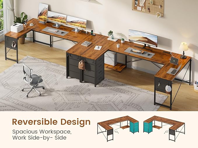 L Shaped Desk 67 Reversible Computer Desk with 4 Fabric Drawers and Power Outlet Corner U Shaped Desk with Shelf and Pegboard for Home Office Rustic Brown