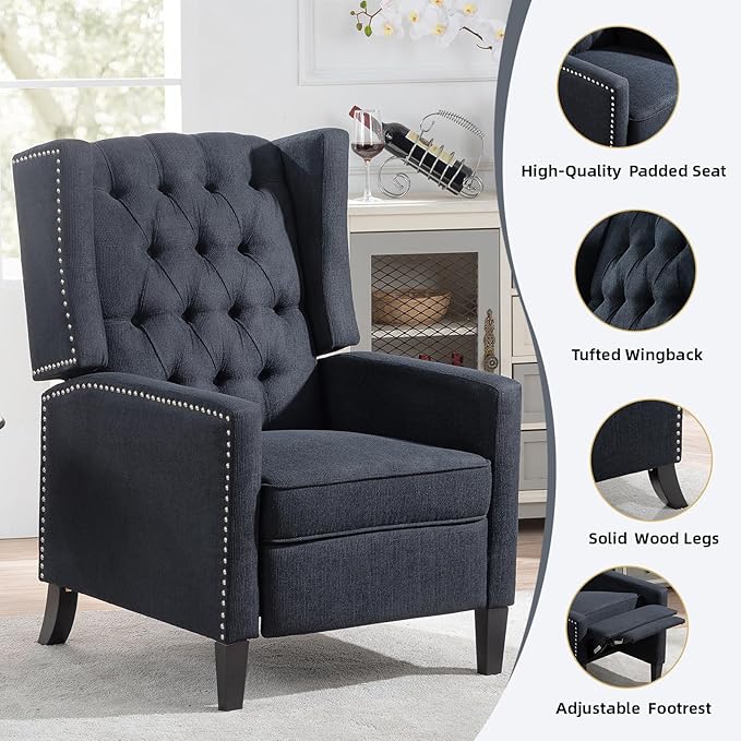 Wing Back Recliner Chair for Living Room Push Back Reclining Chairs Club Accent Chair Lounge Armchair Comfy Fabric Arm Chair with Rivet Decoration Tufted Back Solid Wood Legs Black