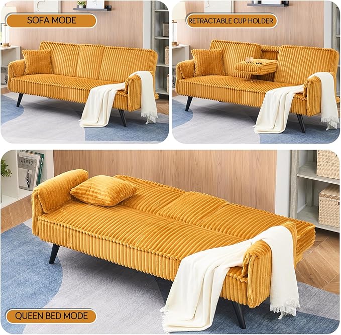Futon Sofa Bed Modern Folding Couch for Small Space 72'' Corduroy Convertible Loveseat Sleeper Bed Daybed Recliner Lounge Sofas for Living Room2 Cup HoldersMetal LegsRemovable Armrests (Orange I)