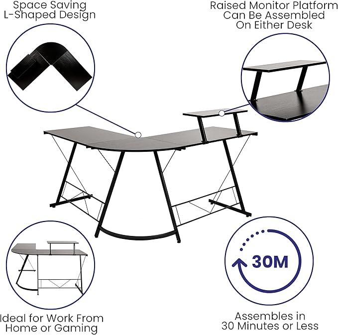 EMMA + OLIVER Home Office Desk - Black L-Shaped Computer Desk Gaming Desk Home Office Desk