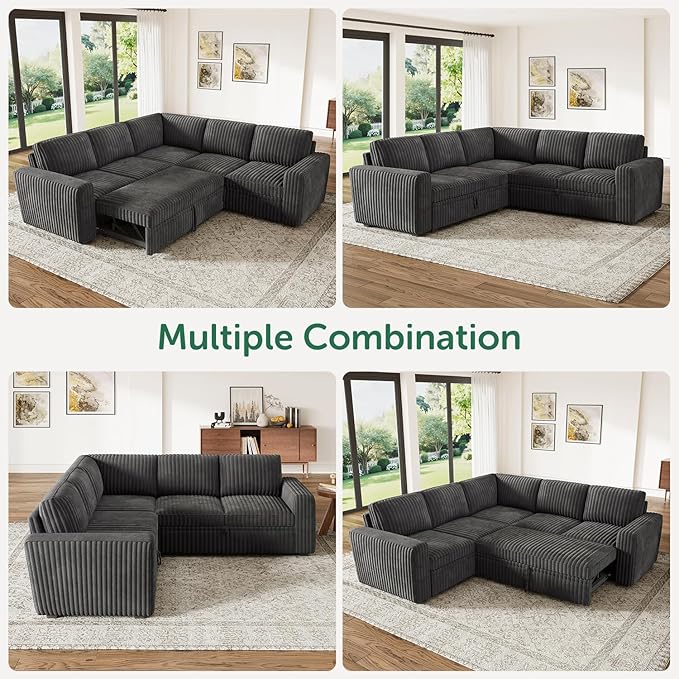 HONBAY Modular Sectional Sleeper Sofa with Pull Out BedCorduroy L Shaped Couch with Storage Sectional Couches for Living RoomDark Grey