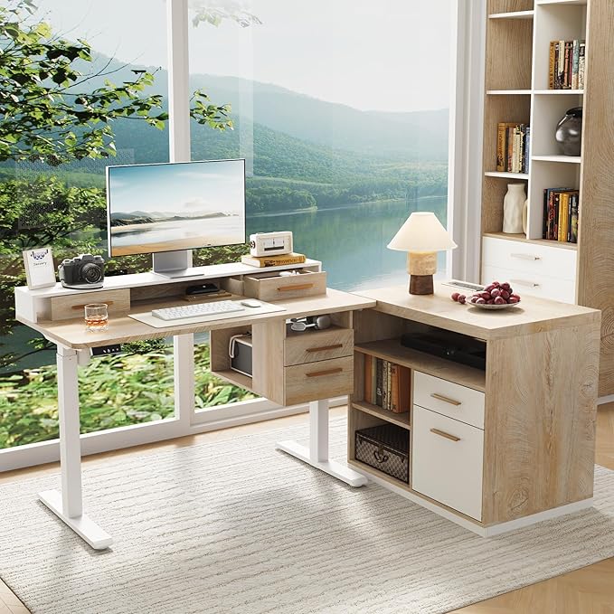 47.2'' Standing Desk with File Cabinet Height Adjustable Electric Sit Stand Desk Lateral File Cabinet Computer Workstation for Home Office Light Walnut