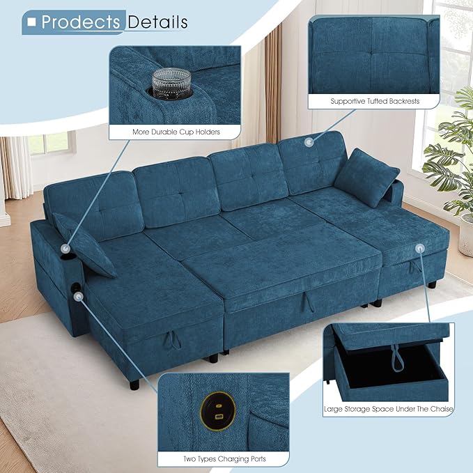 110 Inches U Shaped Sofa w/Adjustable Back &amp Pull-Out Sofa Bed Chenille Tufted Sectional Couch w/Storage Chaise &ampUSB Charging Port Modern Sleeper Couch w/Cup Holders for Living Room Blue