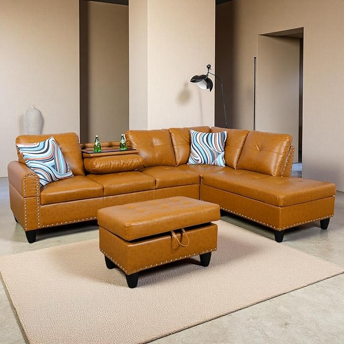 Sectional Couches for Living Room Convertible 4 Seat Modular Sectional Sofa Set for Living Room L Shaped Couch or U Shaped Couch with Storage Ottoman for Apartment Orange