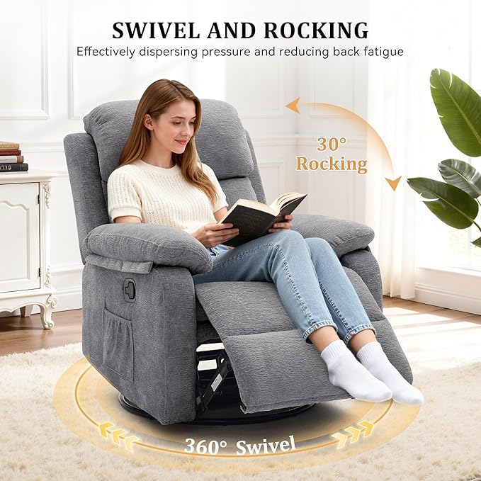 Recliner Chair 360 Swivel Rocker Chair for Adults Small Rocking Recliner Chair for Small Spaces Upholstered Chenille Fabric Glider Recliner Nursery Chair with Side Pockets for Living Room