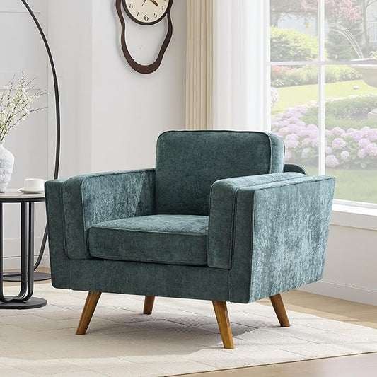Kingfun Modern Accent Chair Living Room Chairs Chenille Reading Armchair Mid Century with Dual-Layer Armrests Solid Wood Frame Easy Assembly for Small Spaces Green