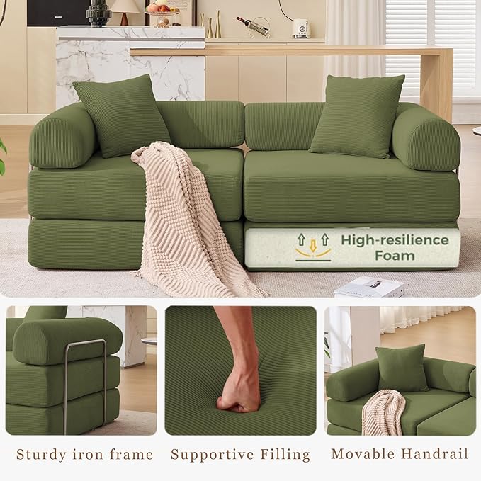 73 Convertible Modular Folding Sofa Bed 5-in-1 DIY Combination Fold Out Sleeper Sofa Bed Loveseat sleeper Couch with Removable Armrests Corduroy Floor Couch Small couches for small spaces Green