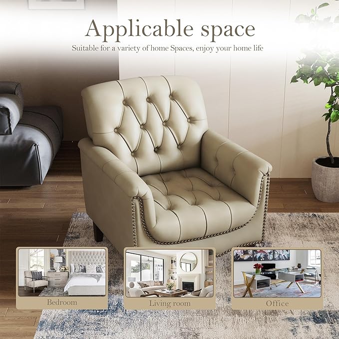 Pia Ricco Modern Tufted Accent Chair Single Faux Leather Armchair with Nailhead Trim &amp Wood Legs Comfortable Upholstered Seat for Living Room Office - Beige