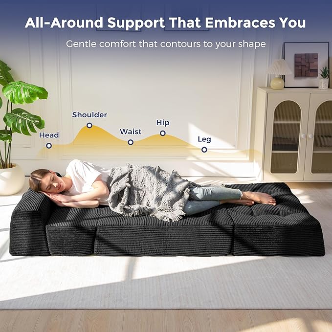 MAXYOYO 8 Folding Sofa Bed Convertible Sleeper Sofa Lounger Foldable Mattress Wedge Shape Floor Couch Tufted Fold Out Chair Bed Comfy Floor Couch Lounge for Living Room Bedroom Single Black
