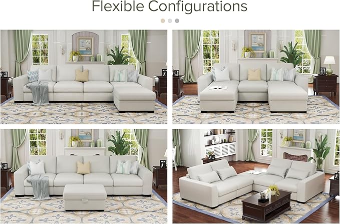Youmumeub Oversized Modular Sectional Couch with 4 Lumbar Pillows L Shaped Couches for Living Room 130 4 Seater Sofas with Storage Ottoman U Shaped Sofa Beige