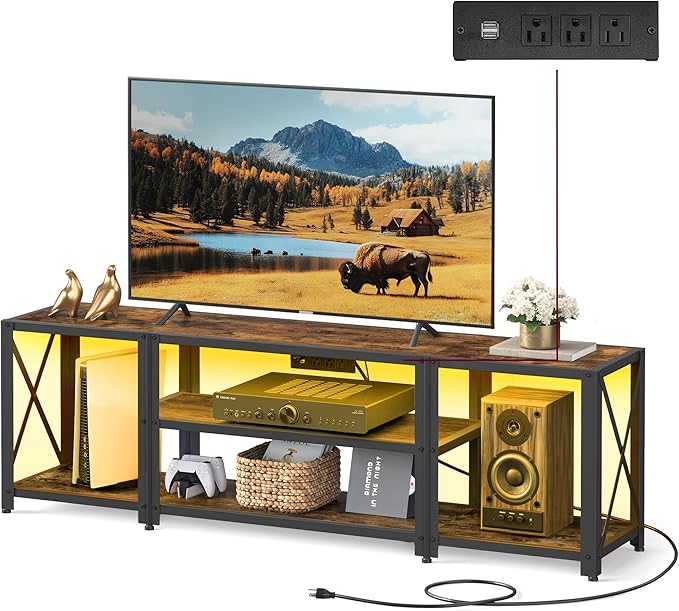 VASAGLE TV Stand with Power Outlets and LED Lights for TVs up to 60 Inches Entertainment Center with Open Storage Shelves TV Console Table for Living Room Rustic Brown and Ink Black ULTV121K01