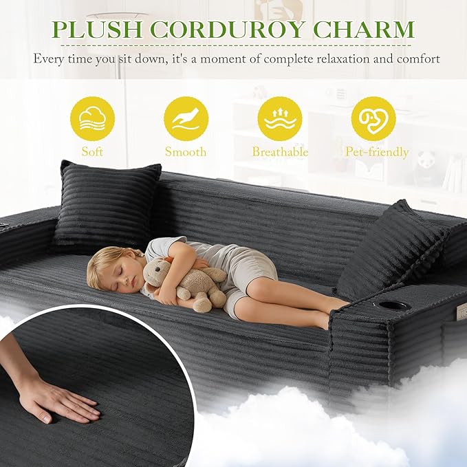 Boneless Corduroy 3-Seater Sofa 80.7-Inch Oversized Comfy Cloud Deep Seat Loveseat Sofa with Cup Holder Modern Couch for Living Room Bedroom No Assembly Grey