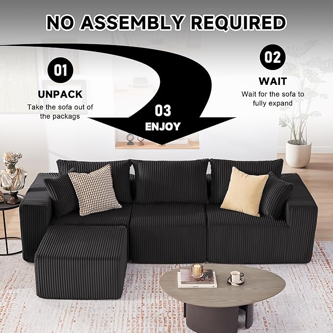 Cloud Couch Sectional Modular Sofa with Deep Seat Plush Corduroy U Shaped Boneless Couch Convertible Sectional Couches for Living Room (Black 3 Seater &amp 1 Ottoman)