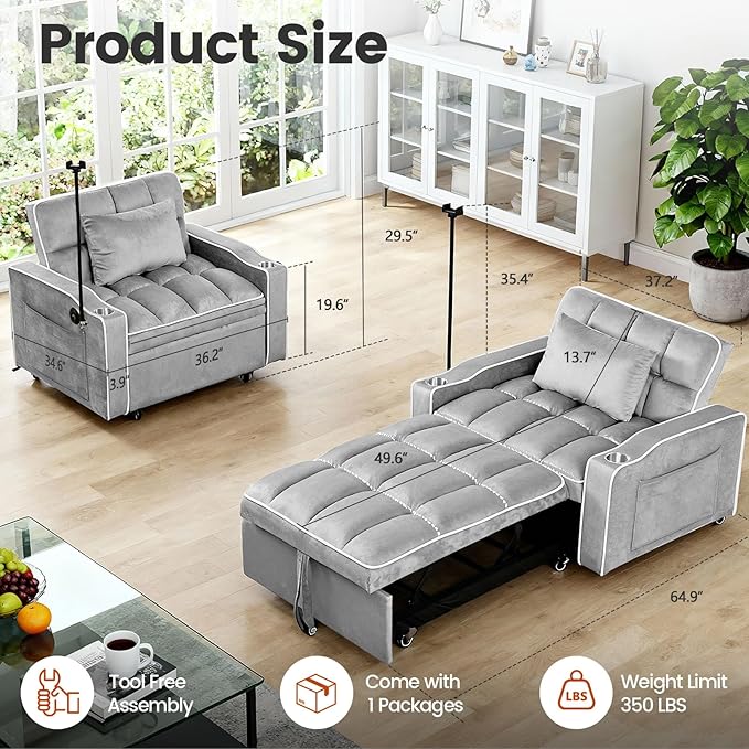 Convertible Sleeper Chair Pull Out Chair Sleeper with Bracket and Cup Holder Chairs Bed Sleepers for Adults 3 in 1 Sofa Bed Chairs for Small Spaces Living Room Light Gray