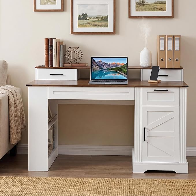 55 Office Desk with Storage Cabinet Charging Station Barn Door Computer Writing Desk with Keyboard Tray Monitor Stand and Pegboard for Study Living Room Home Office White