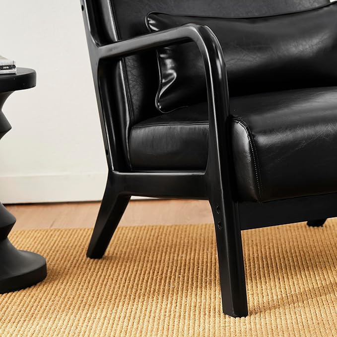 Glitzhome Accent Armchair with Walnut Ruberwood Frame Black PU Leather Lounge Chair for Living Room