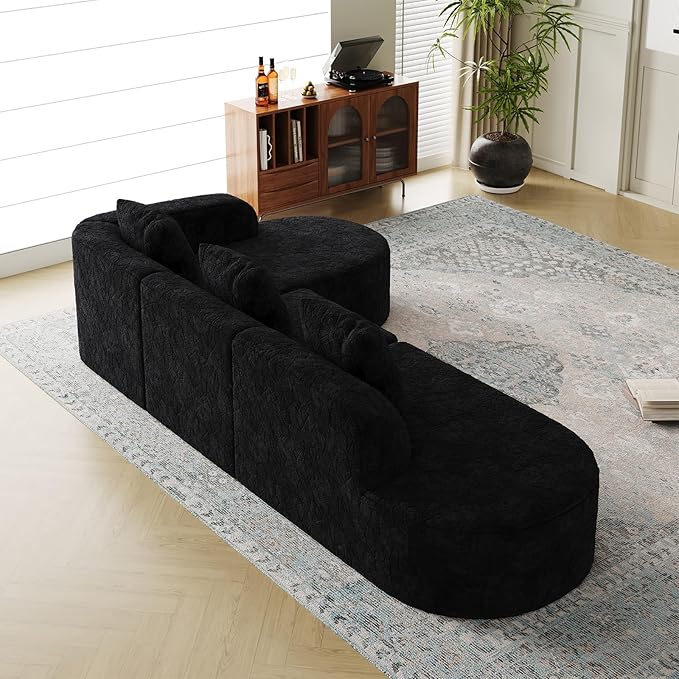 Oversized Sectional Sofa with Right Chaise 111 Modern Luxury Lychee-Textured Long-Pile Extra Wide Seat L-Shape Curved Cloud Boneless Couch for Living Room Apartmen No Assembly Black