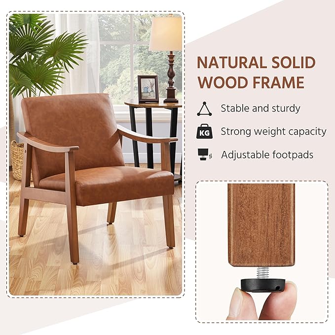 Yaheetech PU Leather Accent Chair Mid-Century Modern Armchair with Solid Wood Legs Reading Leisure Chair for Living Room Bedroom Waiting Room Light Brown Set of 2