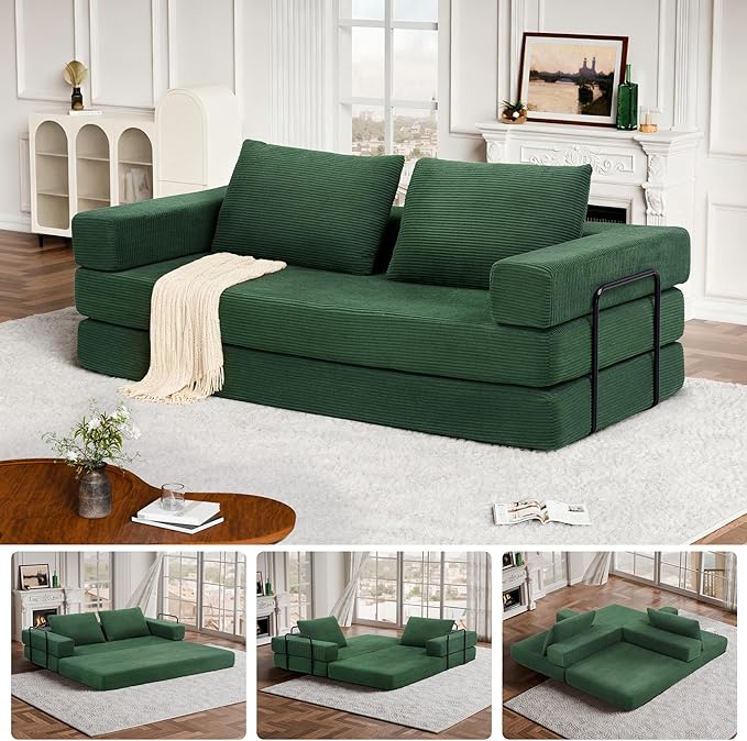Convertible Sofa Bed 4-in-1 DIY Combination Modular Couch with Pillows Comfy Boneless Sleeper Sofa Bed with Fixed-Shape Frame Corduroy Convertible Lounge Couch for Living Room Green