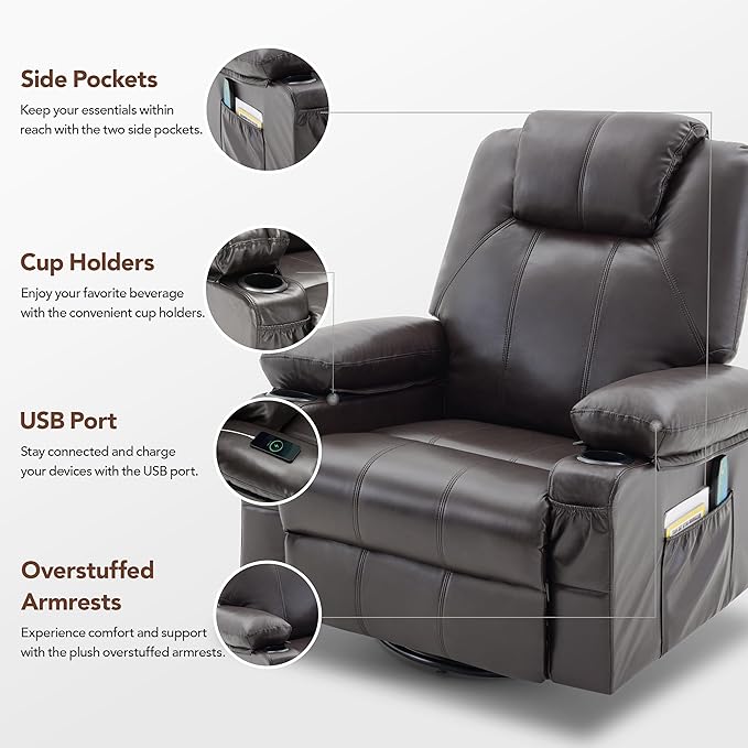Oversized Swivel Rocker Recliner Chair with Heat and Massage Big Recliner Chair for Living Room 360 Degree Swivel Rocking Single Sofa with USB Port and Cup Holders (Leather Dark Brown)