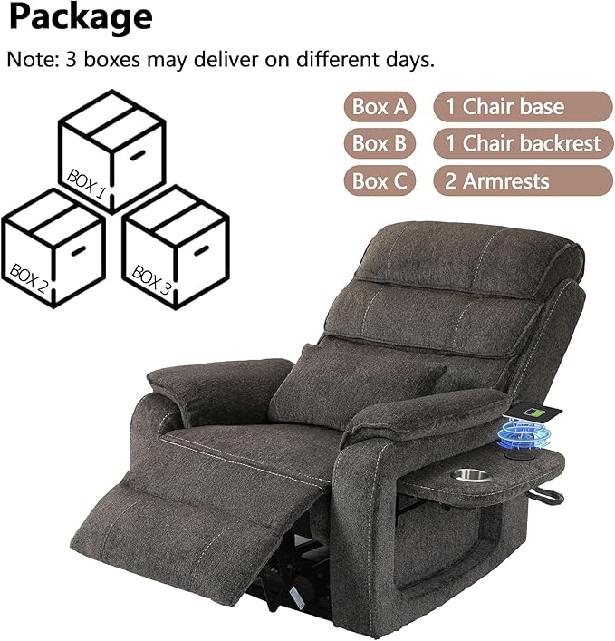 Lift Chair Lay Flat Recliner Heat Massage Dual Motor Infinite Position Power Recliners with Left Side Tray Table-Wireless ChargerCup Holder (Dark Grey Chenille Fabric)