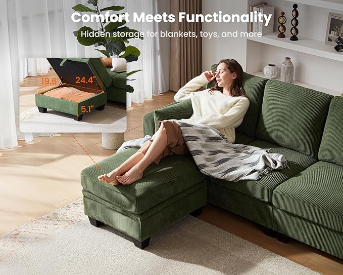 CHIC HOUSE Modular Sectional Couch - Corduroy Shaped Sleeper Sofa Bed with Storage Ottoman Armrest Neck Support Convertible Furniture for Living Room Lounge (Green 5 Seater L-Shaped)