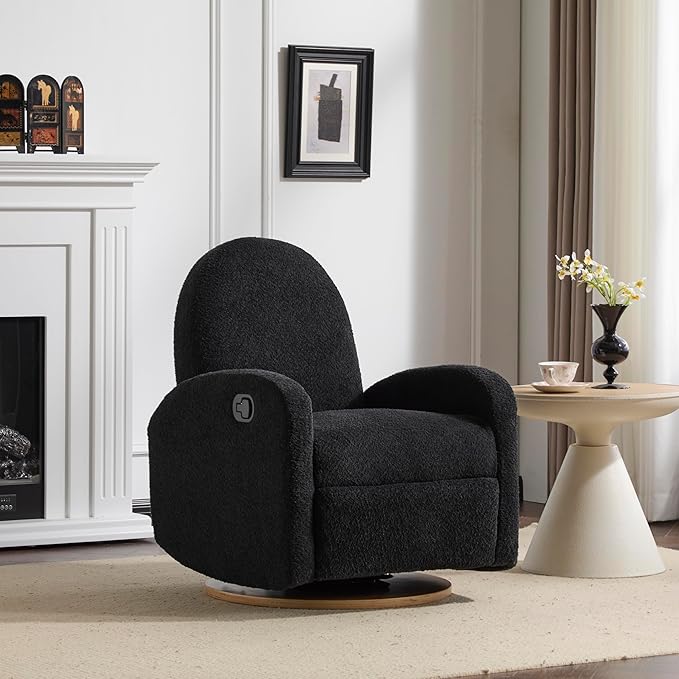 Christopher Knight Home Sidney Fabric Upholstered 360° Swivel Chair Boucle Push-Back Recliner Solid Wood Glider Recliner with Rotation Living Room Lounge Sofa Adjustable Comfy Reading ChairBlack