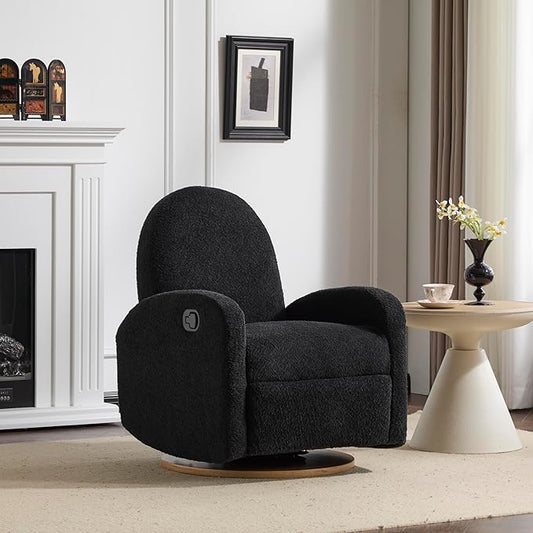 Christopher Knight Home Sidney Fabric Upholstered 360° Swivel Chair Boucle Push-Back Recliner Solid Wood Glider Recliner with Rotation Living Room Lounge Sofa Adjustable Comfy Reading ChairBlack