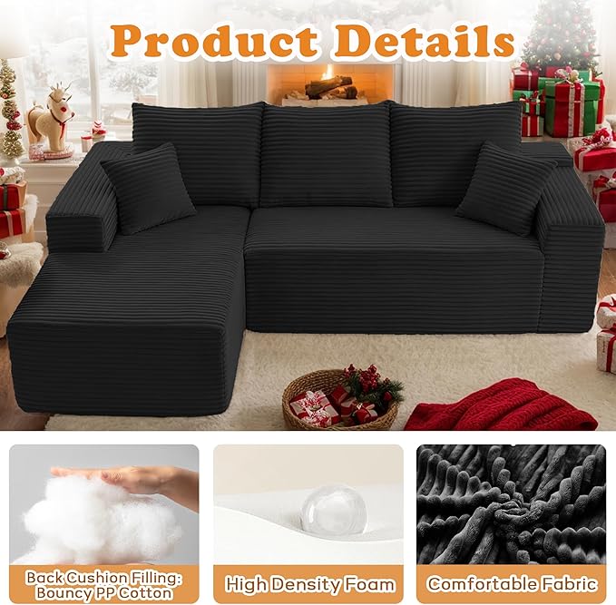 107 L-Shaped Modern Modular Sectional Sofa Oversized Corduroy Boneless Couches with Deep Seat Comfy Upholstered Cloud Couch for Living Room (Black 3S+Left Facing Chaise)