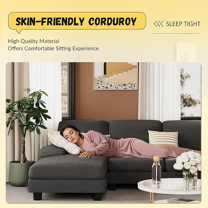 JUMMICO Sectional Couches for Living Room U Shaped Couch with Chenille Fabric 4 Seat Modern Sofa with Removable Pillows for Apartment and Small Space (Corduroy Light Grey)