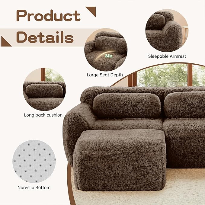 115 Sectional Couches for Living Room Comfy Boneless Couch 3 Seater Cloud Sofa Compressed Couch with Deep Seat Modern Modular Sectional Plush Floor Sofa No Assembly (Choco)